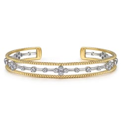 14K White and Yellow Gold Diamond Bujukan Cuff Bangle With Brush Finish