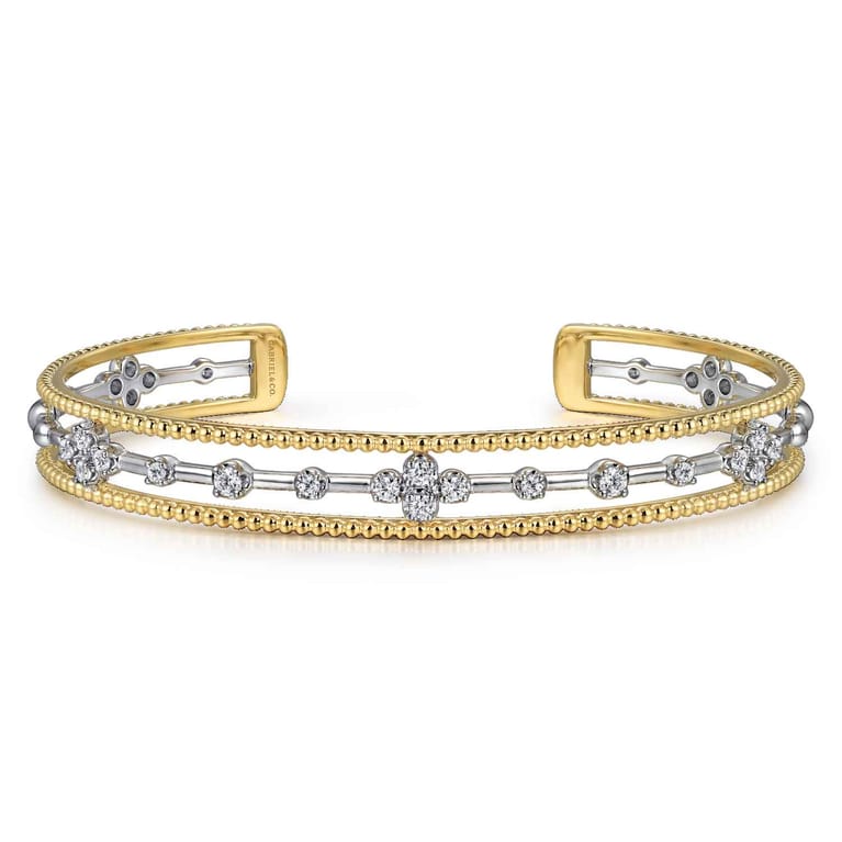 14K White and Yellow Gold Diamond Bujukan Cuff Bangle With Brush Finish - 0.4 ct - Shot 1