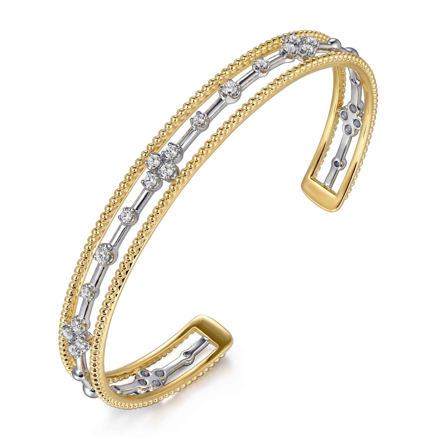 14K White and Yellow Gold Diamond Bujukan Cuff Bangle With Brush Finish - 0.4 ct - Shot 2
