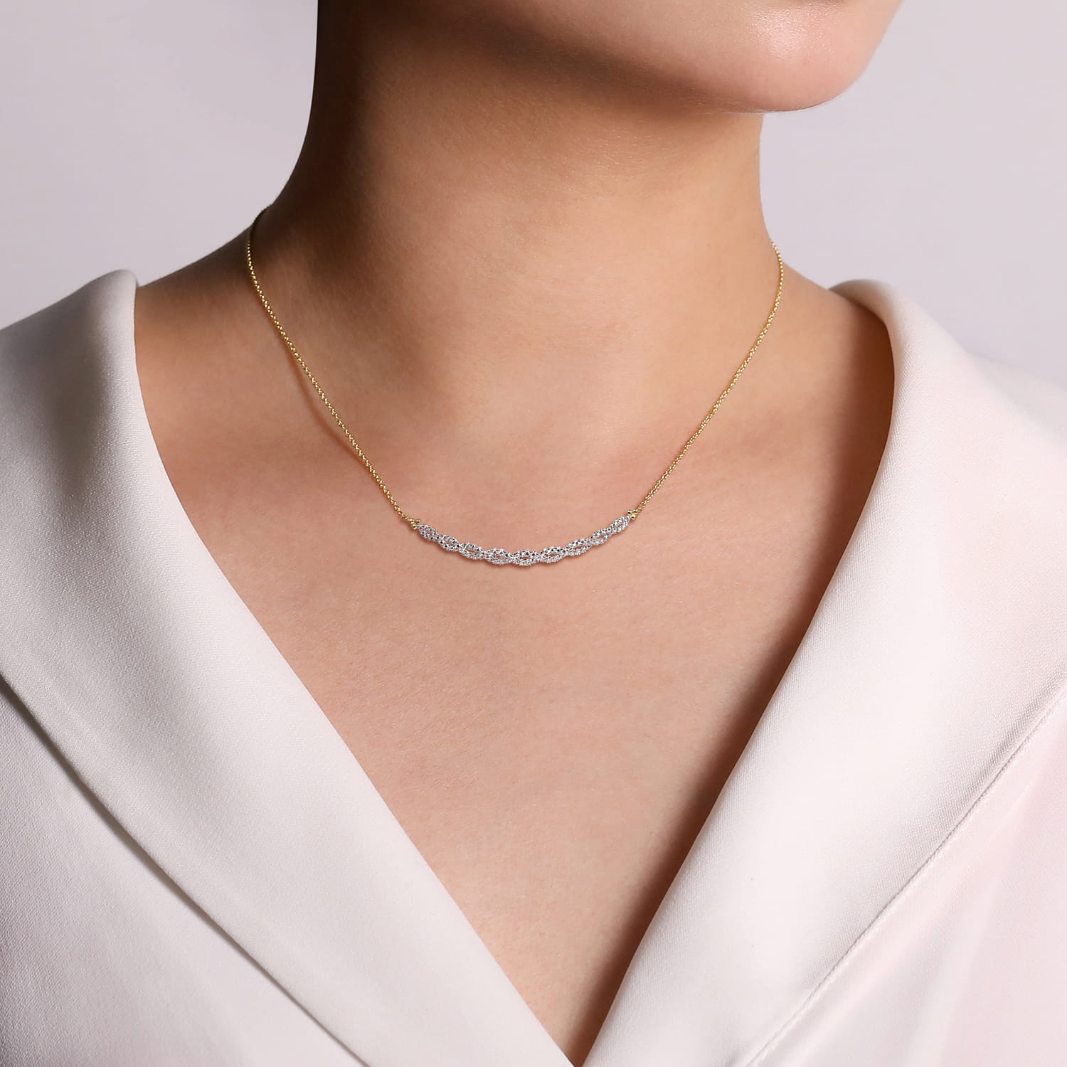 14K White and Yellow Gold Diamond Bujukan Twisted Bar Necklace - 1 ct - Shot 3