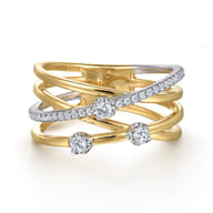 14K White and Yellow Gold Diamond Criss Cross Ladies Ring