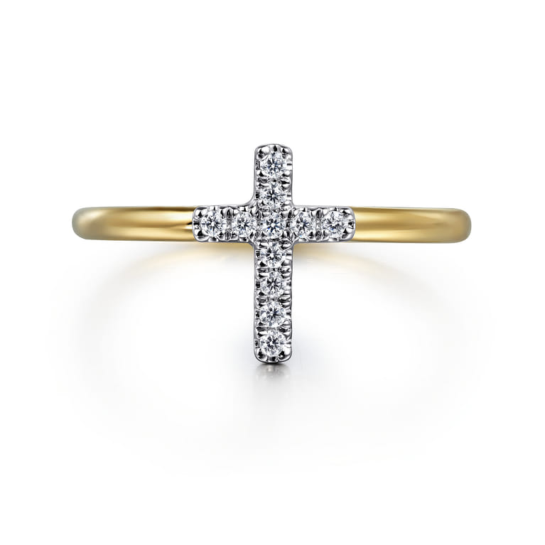 14K White and Yellow Gold Diamond Cross Ladies Ring - 0.07 ct - Shot 1