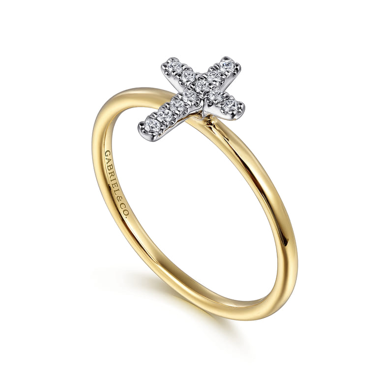 14K White and Yellow Gold Diamond Cross Ladies Ring - 0.07 ct - Shot 3