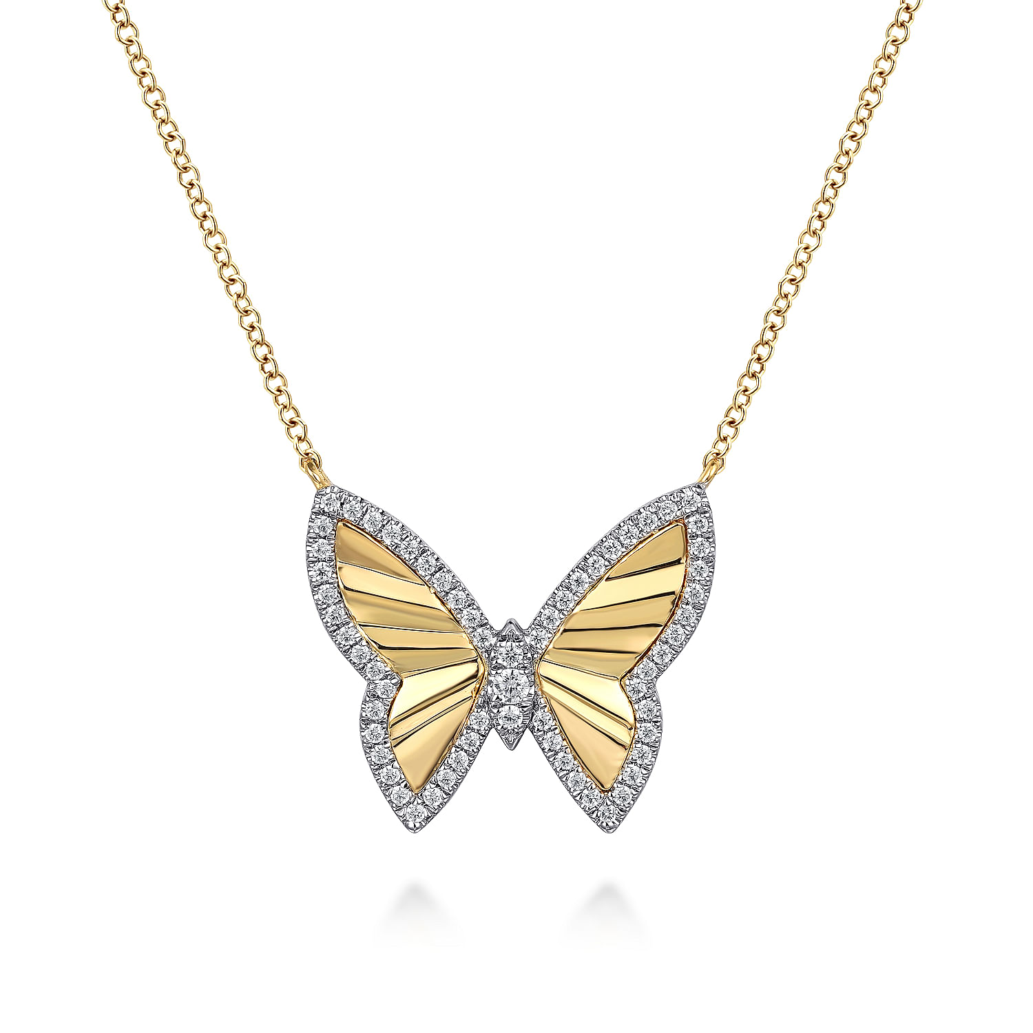 14K White and Yellow Gold Diamond Cut Butterfly Necklace