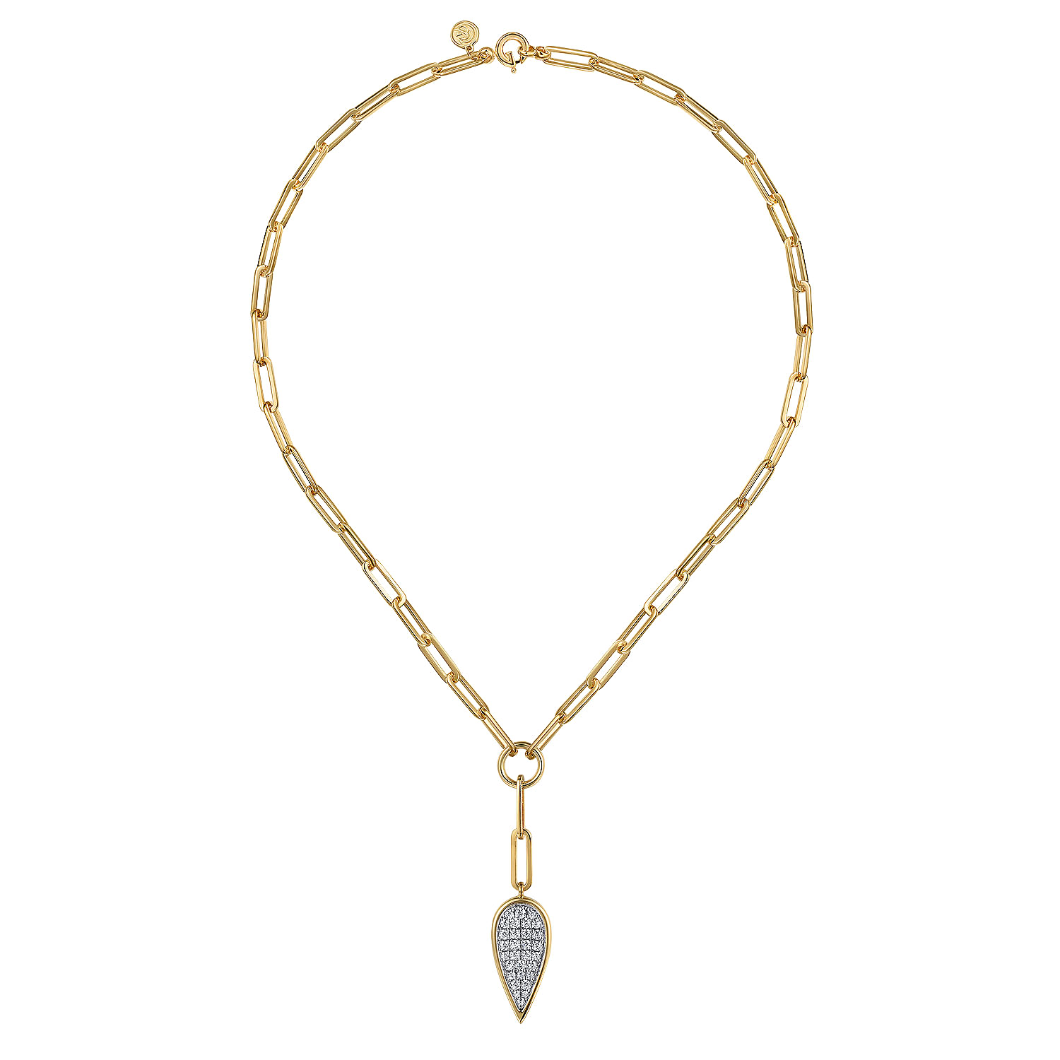 14K White and Yellow Gold Diamond Drop And Hollow Link Chain Y Knots Necklace