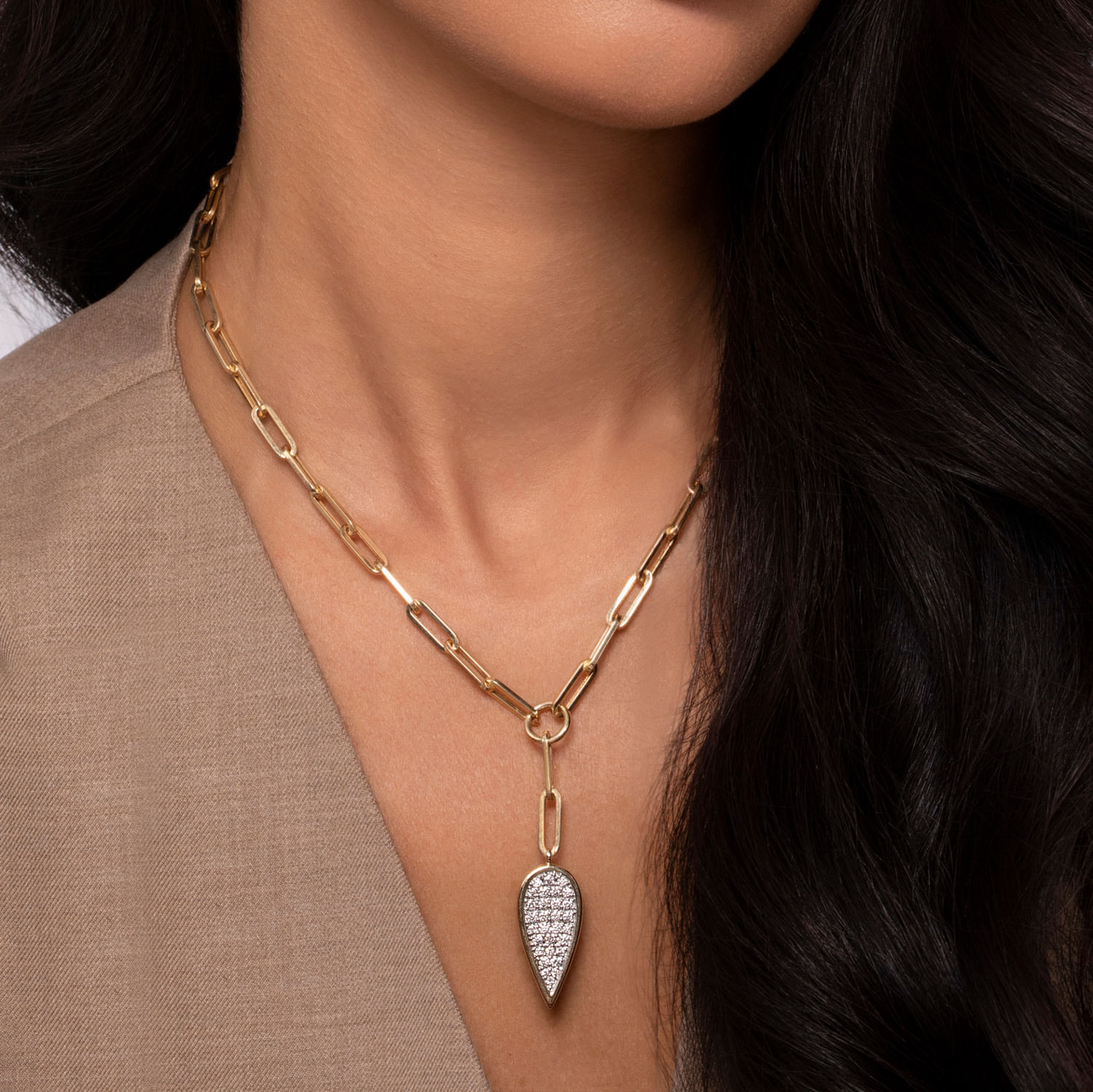 14K White and Yellow Gold Diamond Drop And Hollow Link Chain Y Knots Necklace