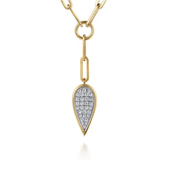 14K White and Yellow Gold Diamond Drop and Hollow Link Chain Y Knots Necklace