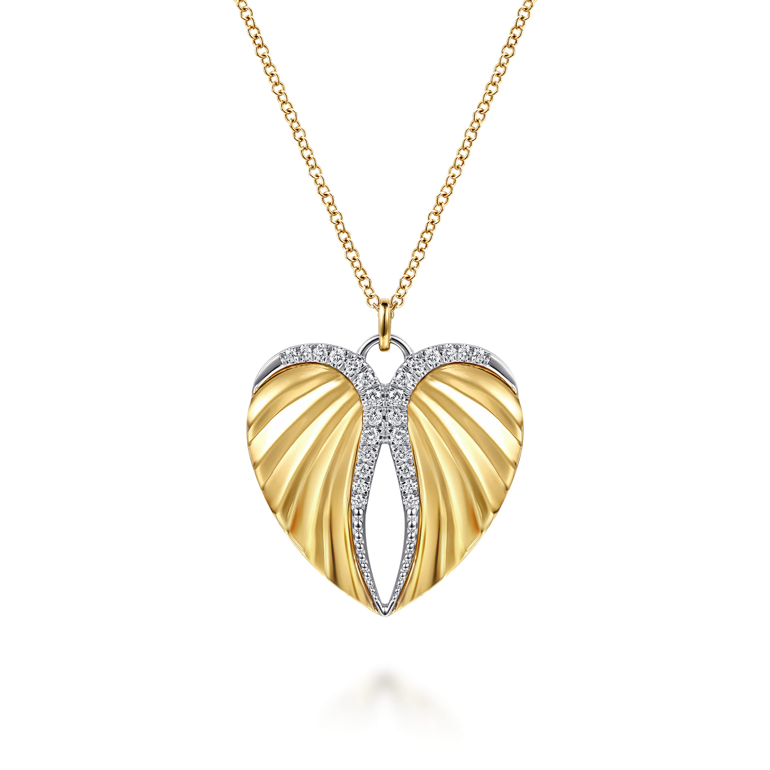 14K White and Yellow Gold Diamond Heart Angel Wing Pendant Necklace