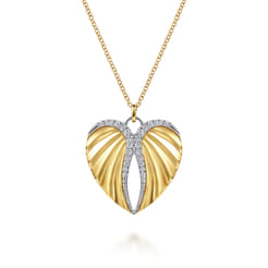 14K White and Yellow Gold Diamond Heart Angel Wing Pendant Necklace