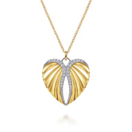 14K White and Yellow Gold Diamond Heart Angel Wing Pendant Necklace