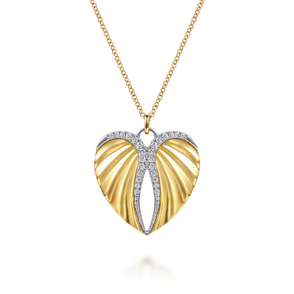 14K White and Yellow Gold Diamond Heart Angel Wing Pendant Necklace