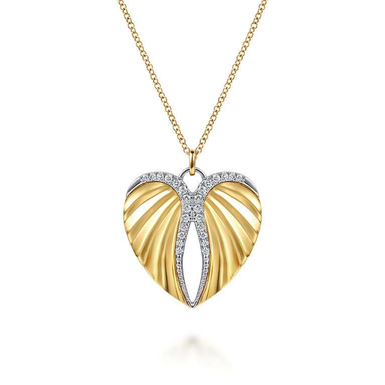 14K White and Yellow Gold Diamond Heart Angel Wing Pendant Necklace - 0.19 ct - Shot 1