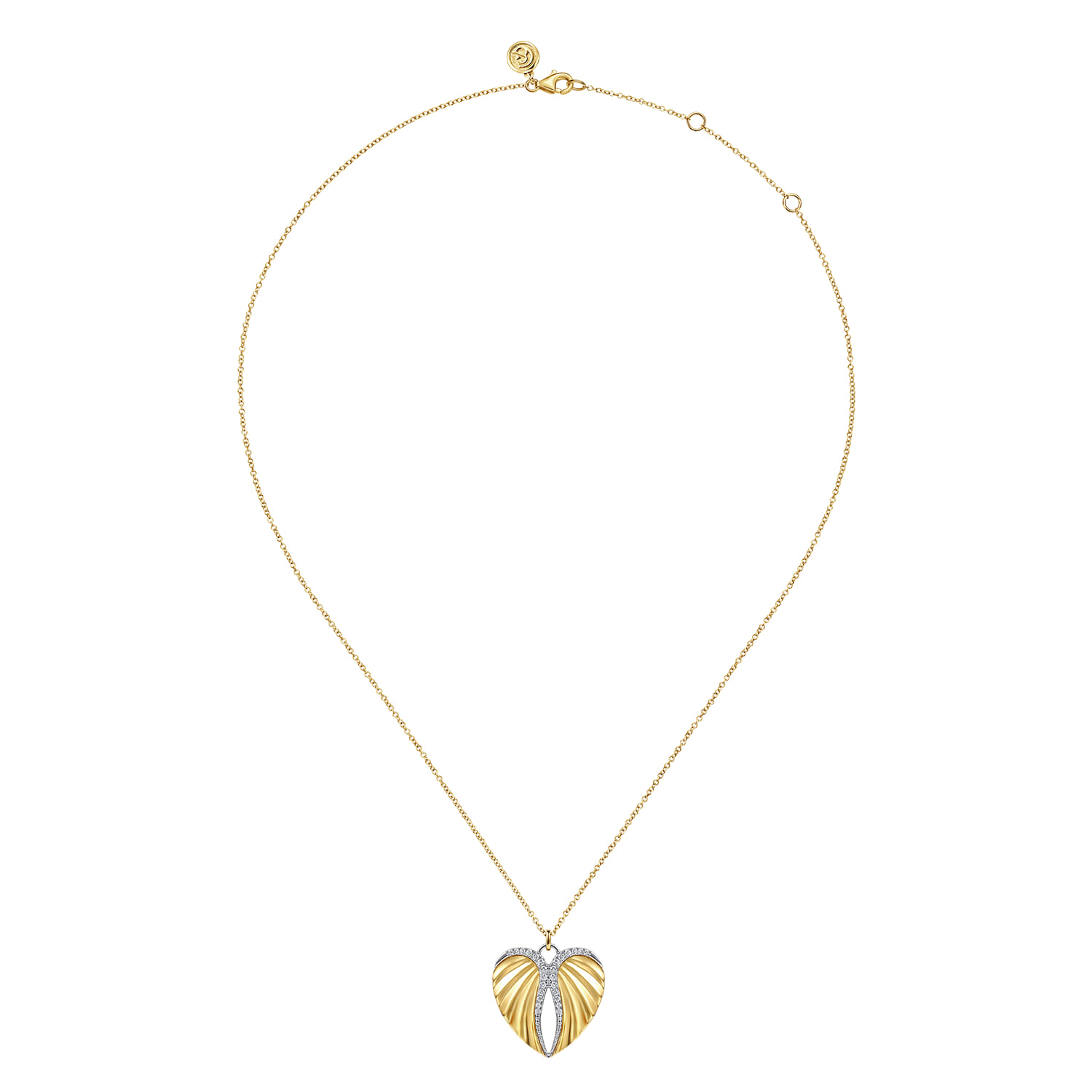 14K White and Yellow Gold Diamond Heart Angel Wing Pendant Necklace