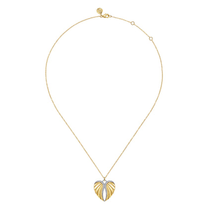 14K White and Yellow Gold Diamond Heart Angel Wing Pendant Necklace