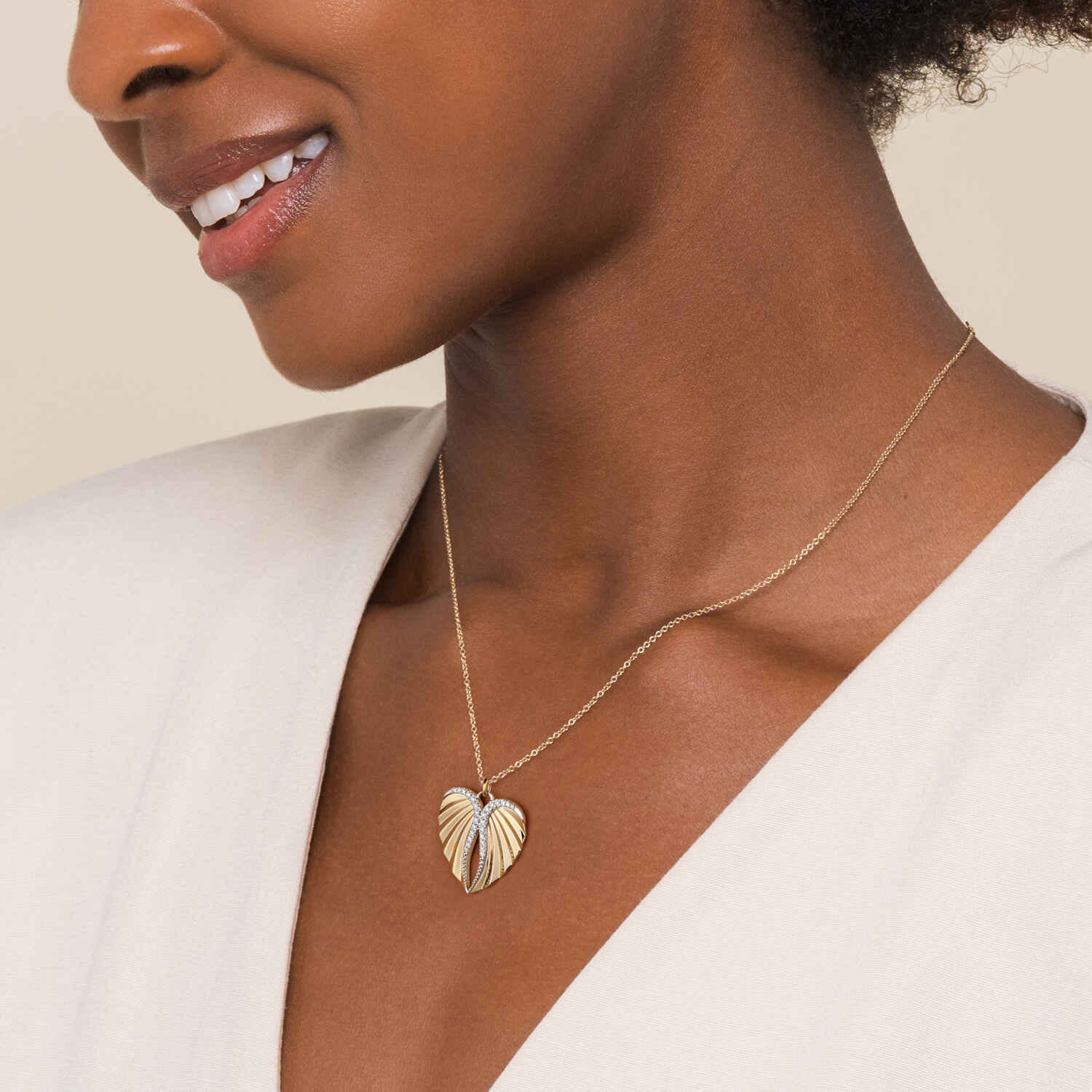 14K White and Yellow Gold Diamond Heart Angel Wing Pendant Necklace