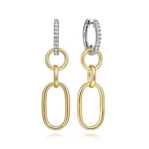 14K White and Yellow Gold Diamond Hollow Tube Huggie Drop Earrings