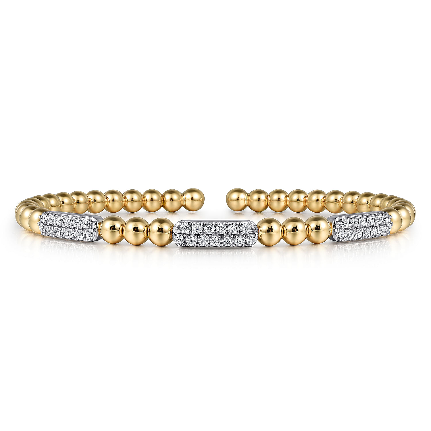 14K White and Yellow Gold Diamond Pave Three Station Bar Bujukan Beads Split Bangle Bracelet