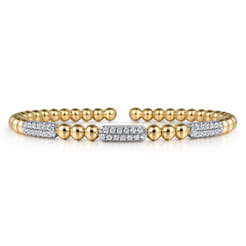14K White and Yellow Gold Diamond Pave Three Station Bar Bujukan Beads Split Bangle Bracelet