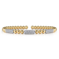 14K White and Yellow Gold Diamond Pave Three Station Bar Bujukan Beads Split Bangle Bracelet