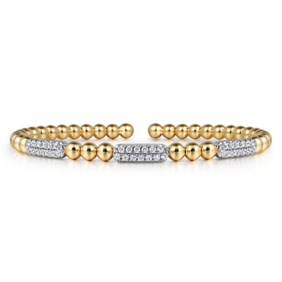14K White and Yellow Gold Diamond Pave Three Station Bar Bujukan Beads Split Bangle Bracelet