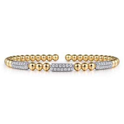 14K White and Yellow Gold Diamond Pave Three Station Bar Bujukan Beads Split Bangle Bracelet