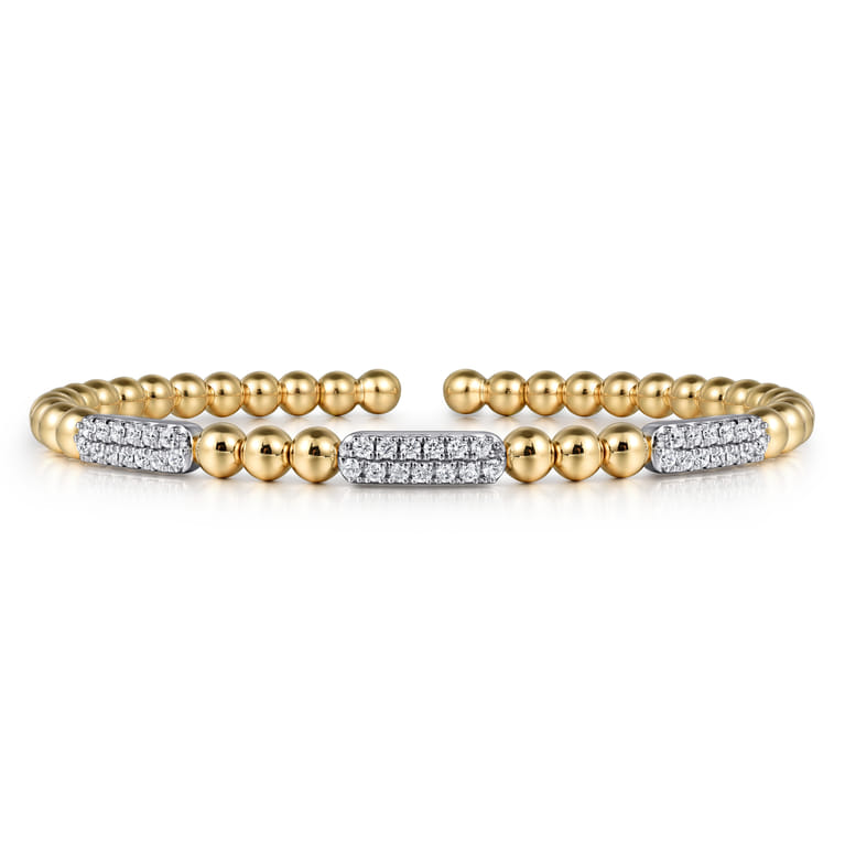 14K White and Yellow Gold Diamond Pave Three Station Bar Bujukan Beads Split Bangle Bracelet - 0.5 ct - Shot 1