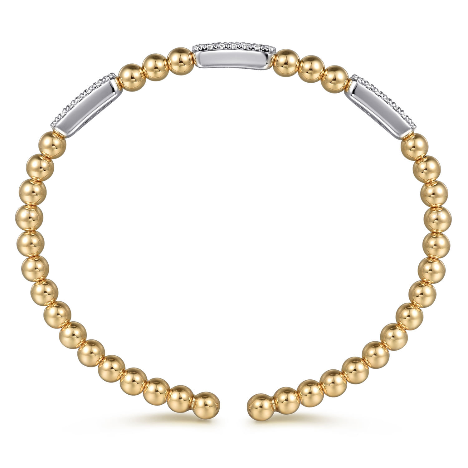14K White and Yellow Gold Diamond Pave Three Station Bar Bujukan Beads Split Bangle Bracelet