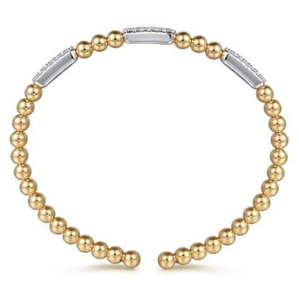 14K White and Yellow Gold Diamond Pave Three Station Bar Bujukan Beads Split Bangle Bracelet