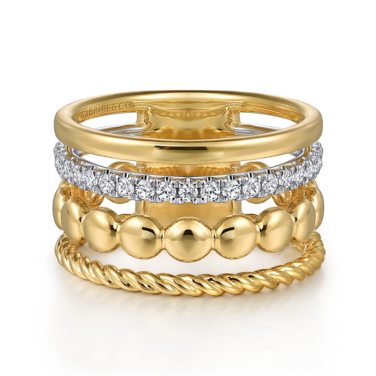 14K White and Yellow Gold Diamond Rope Easy Stackable Ladies Ring - 0.25 ct - Shot 1