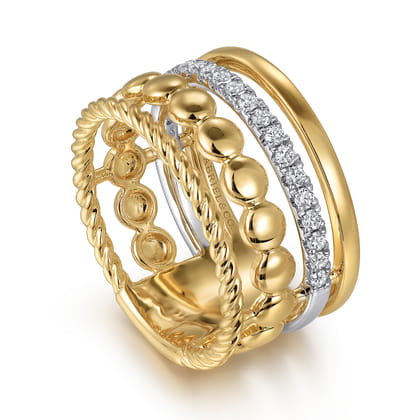 14K White and Yellow Gold Diamond Rope Easy Stackable Ladies Ring