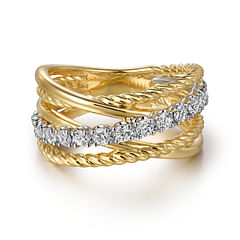 14K White and Yellow Gold Diamond Rope Twisted Ladies Ring