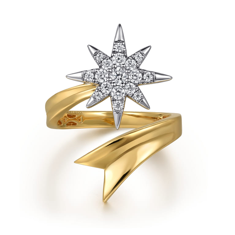 14K White and Yellow Gold Diamond Starburst Bypass Ring - 0.32 ct - Shot 1