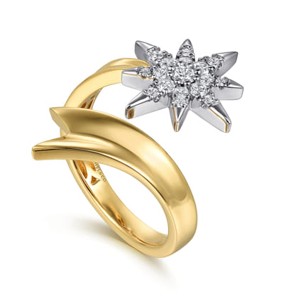 14K White and Yellow Gold Diamond Starburst Bypass Ring
