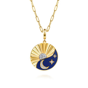 14K White and Yellow Gold Diamond and Diamond Cut Medallion With Detachable Bail with Chrome Blue Enamel