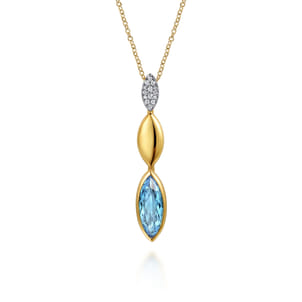 14K White and Yellow Gold Diamond and Marquise Blue Topaz Drop Necklace