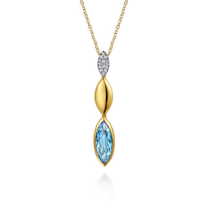 14K White and Yellow Gold Diamond and Marquise Blue Topaz Drop Necklace