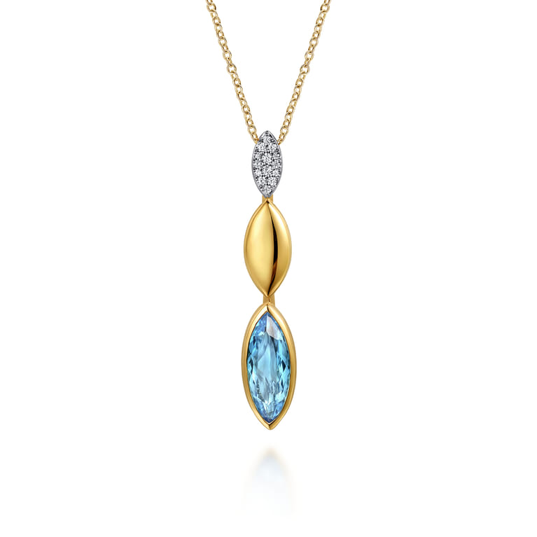 14K White and Yellow Gold Diamond and Marquise Blue Topaz Drop Necklace - 0.17 ct - Shot 1