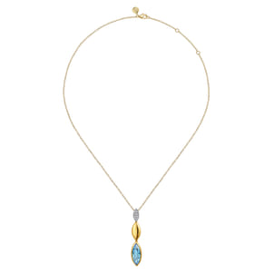 14K White and Yellow Gold Diamond and Marquise Blue Topaz Drop Necklace
