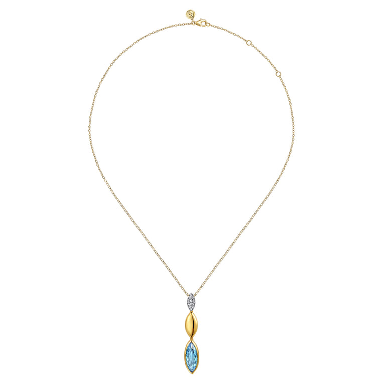 14K White and Yellow Gold Diamond and Marquise Blue Topaz Drop Necklace - 0.17 ct - Shot 2