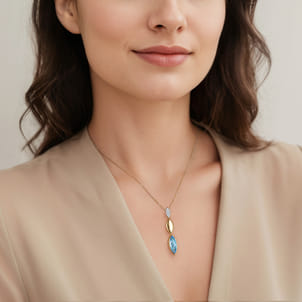 14K White and Yellow Gold Diamond and Marquise Blue Topaz Drop Necklace