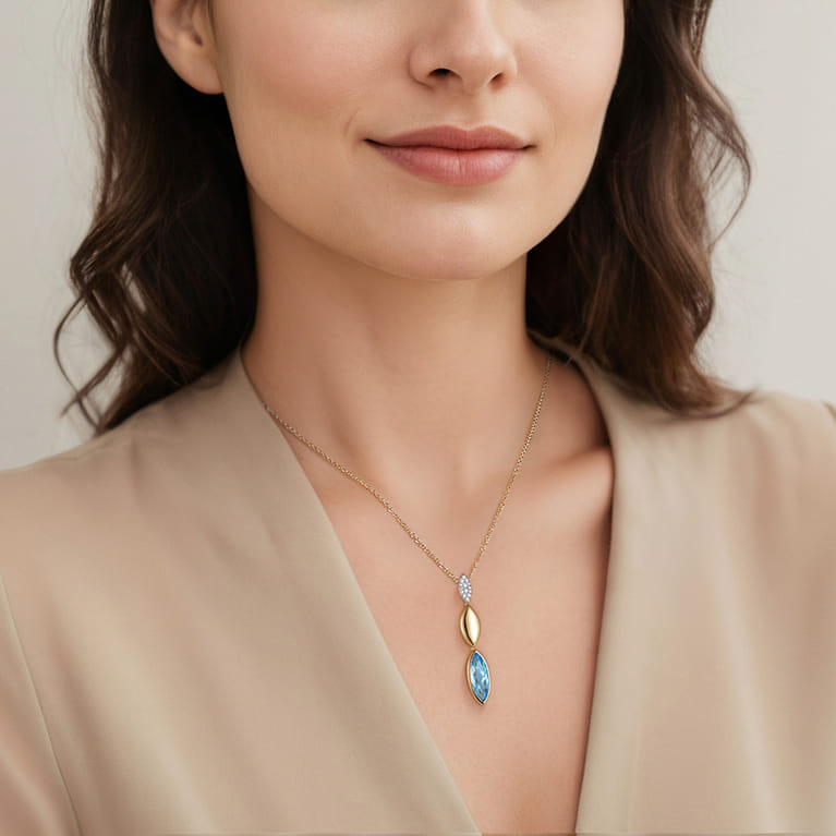 14K White and Yellow Gold Diamond and Marquise Blue Topaz Drop Necklace - 0.17 ct - Shot 3