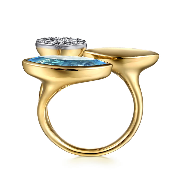 14K White and Yellow Gold Diamond and Marquise Blue Topaz Ladies Ring - 0.17 ct - Shot 2