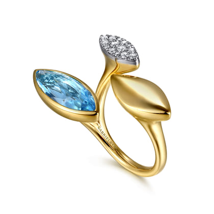 14K White and Yellow Gold Diamond and Marquise Blue Topaz Ladies Ring