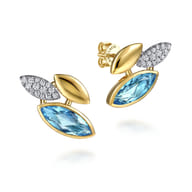 14K White and Yellow Gold Diamond and Marquise Blue Topaz Stud Earrings