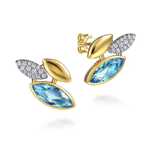 14K White and Yellow Gold Diamond and Marquise Blue Topaz Stud Earrings