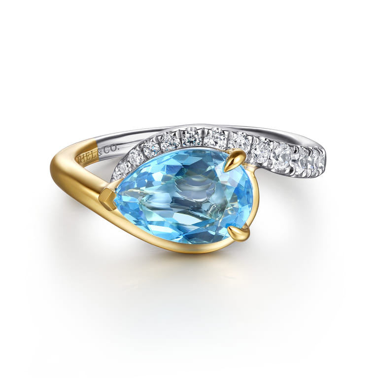 14K White and Yellow Gold Diamond and Pear Blue Topaz Bypass Ladies Ring - 0.25 ct - Shot 1