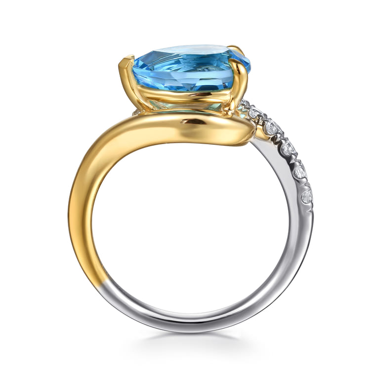 14K White and Yellow Gold Diamond and Pear Blue Topaz Bypass Ladies Ring - 0.25 ct - Shot 2