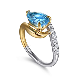 14K White and Yellow Gold Diamond and Pear Blue Topaz Bypass Ladies Ring