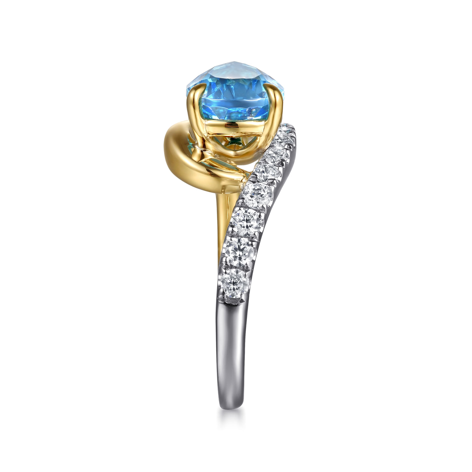 14K White and Yellow Gold Diamond and Pear Blue Topaz Bypass Ladies Ring