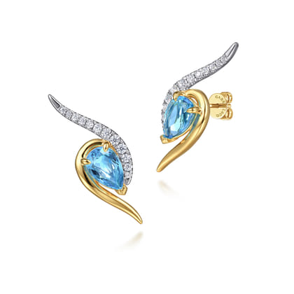 14K White and Yellow Gold Diamond and Pear Blue Topaz Bypass Stud Earrings